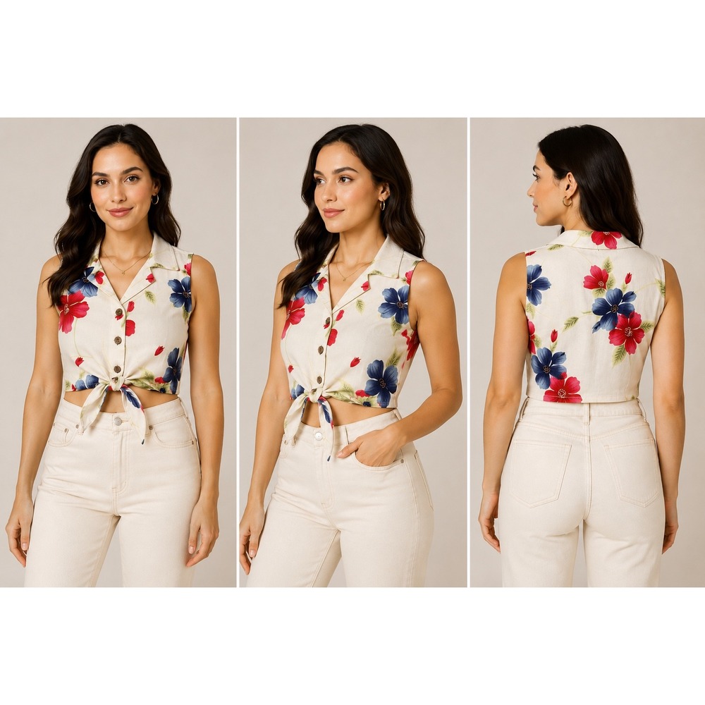 La Cabana Womens XL Tropical Floral Tie Front Sleeveless‎ Button Up Rayon Top